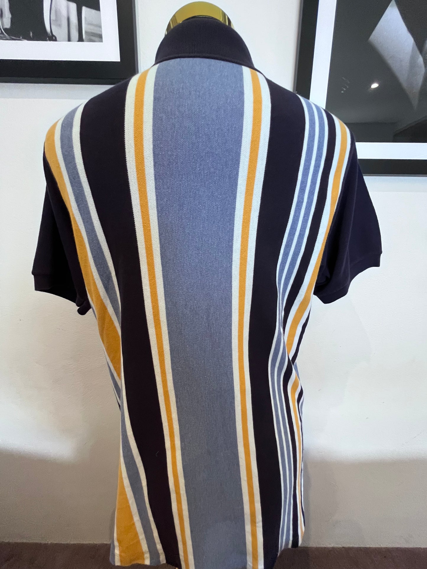 Lacoste 100% Cotton Blue Gold Stripe Polo Shirt Size 6 Large To XL Made in France