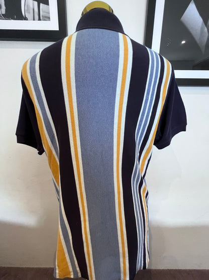 Lacoste 100% Cotton Blue Gold Stripe Polo Shirt Size 6 Large To XL Made in France