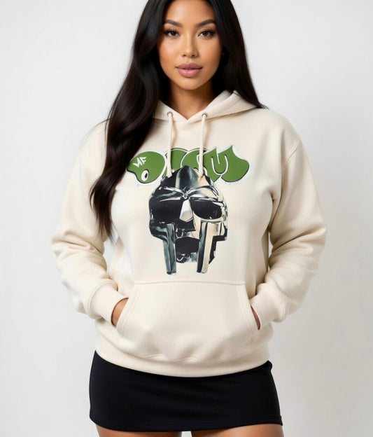 MF DOOM Fleece Cream Metal Face Hoodie Chest & Back Logo Size Large