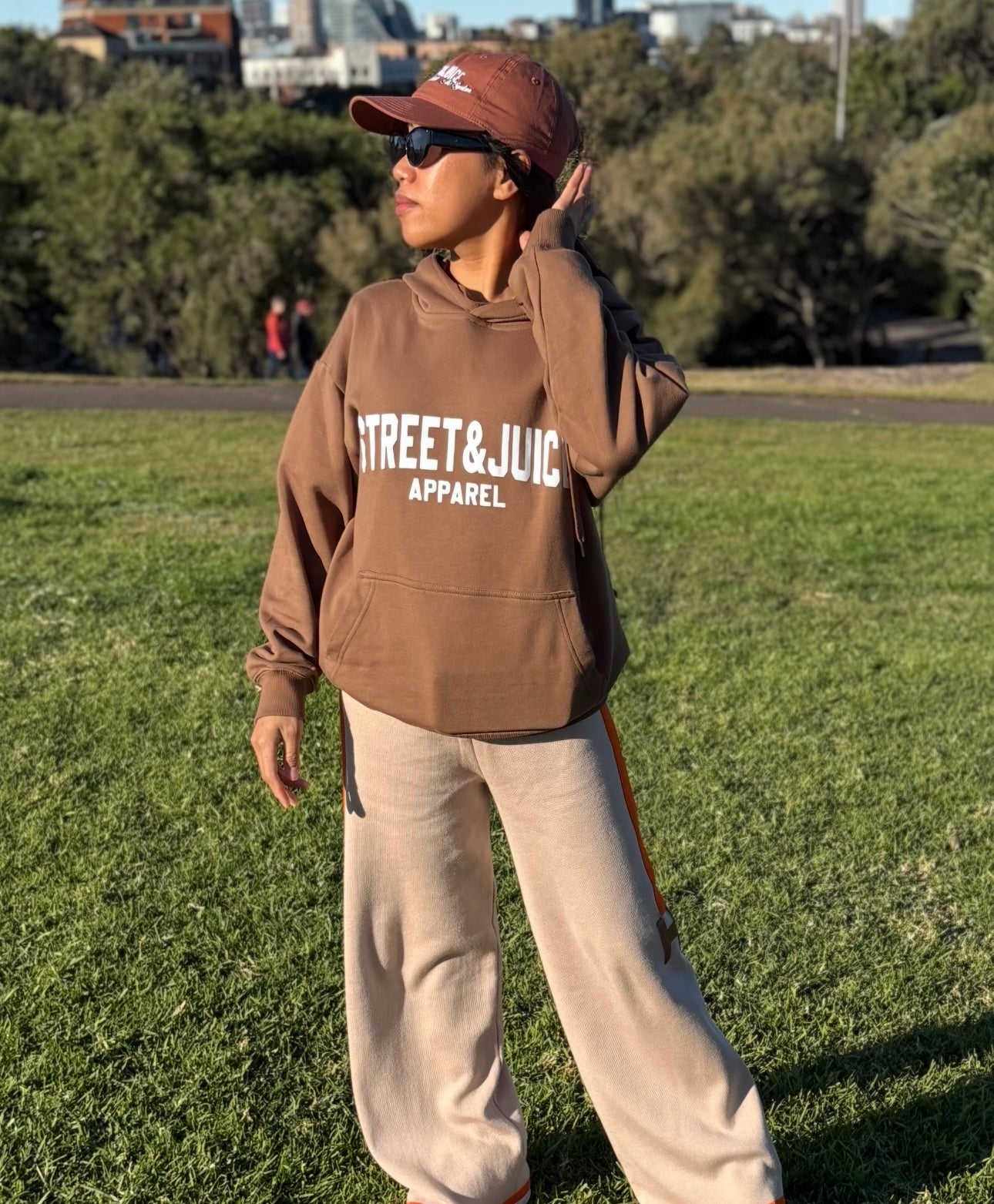 Street & Juice 100% Cotton Brown Chest Logo Drawer String Hoodie