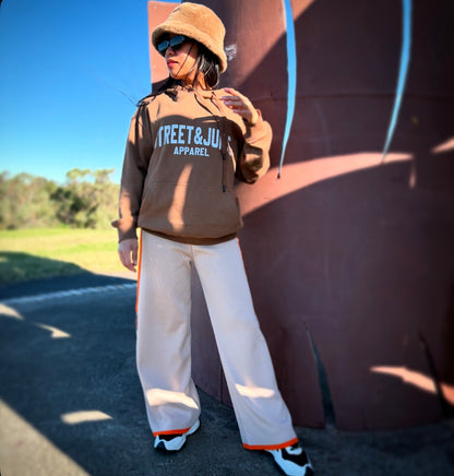Street & Juice 100% Cotton Brown Chest Logo Drawer String Hoodie