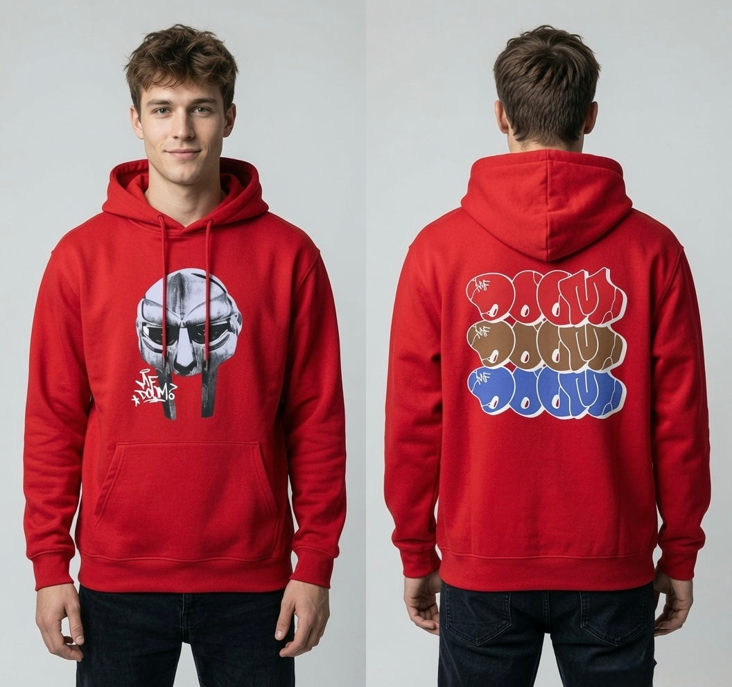 MF DOOM 100% Cotton Red Metal Face Hoodie Chest & Back Logo