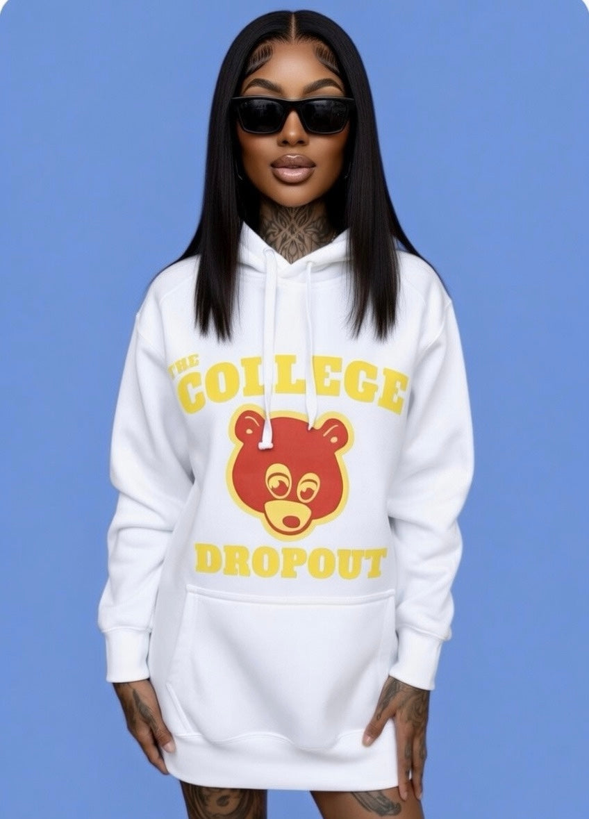 Kanye West 100% Fleece White Hoodie “The College Drop Out” Chest & Back Logo Print