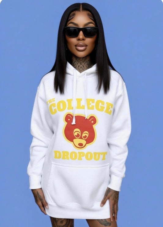 Kanye West 100% Fleece White Hoodie “The College Drop Out” Chest & Back Logo Print