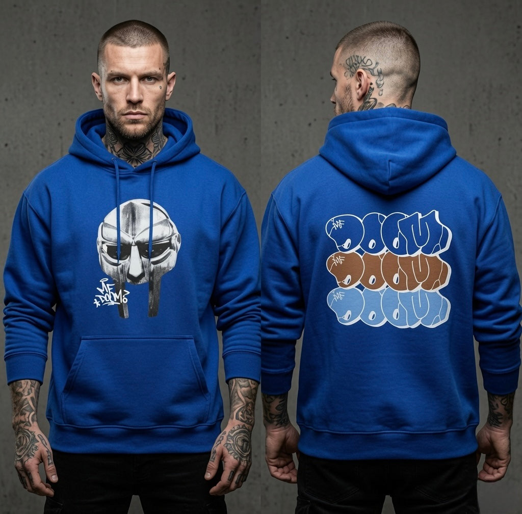 MF DOOM 100% Cotton Blue Metal Face Hoodie Chest & Back Logo