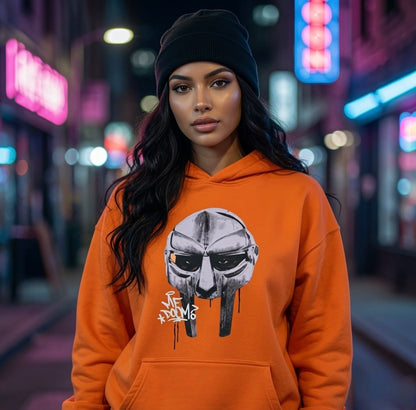 MF DOOM 100% Cotton Orange Metal Face Hoodie Chest & Back Logo