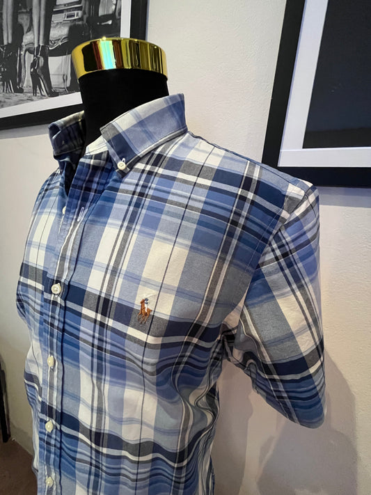 Ralph Lauren 100% Cotton Blue / White Check Short Sleeve Classic Fit Shirt Size L