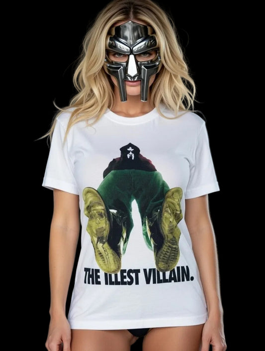 MF DOOM The illest Villain 100% Cotton White Chest & Back Logo Print Tee