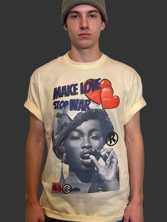 S&J “Make Love Stop War” 100% Cotton White Chest Logo T Shirt