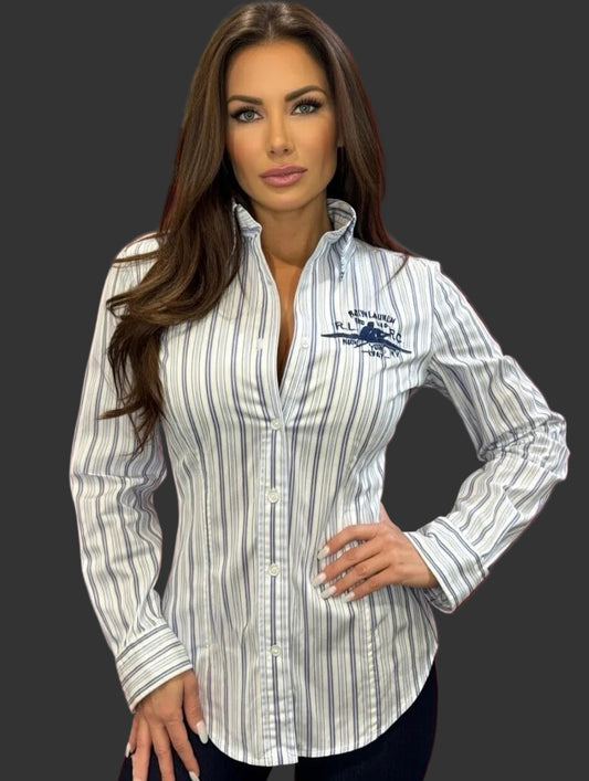 Ralph Lauren Women’s 100% Cotton Blue Striped Chest Logo Shirt Size 6