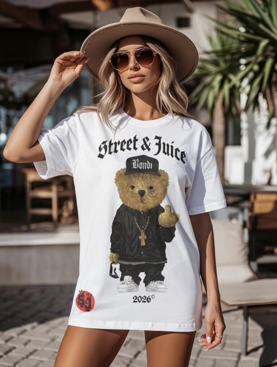 Street & Juice Bondi Bear 100% Cotton White 2034 Gangsta T Shirt