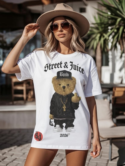Street & Juice Bondi Bear 100% Cotton White 2034 Gangsta T Shirt
