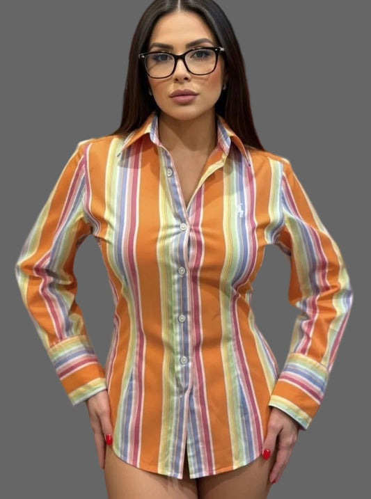 Ralph Lauren Women’s 100% Cotton Orange Striped Shirt Size 2