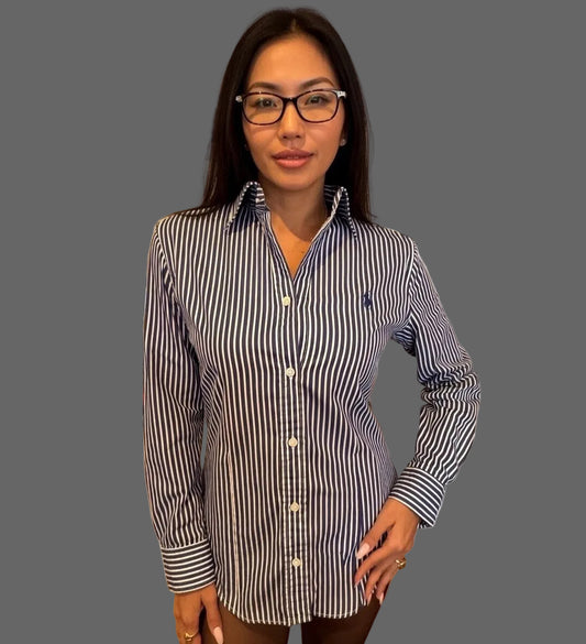 Ralph Lauren Women’s 100% Cotton Blue White Striped Shirt Slim Fit Size 12