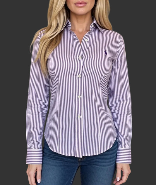 Ralph Lauren Women’s 100% Cotton Purple White Striped Shirt Slim Fit Size 12