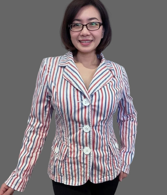 Armani 100% Cotton Women’s Pin Stripe Fitted Jacket Size 40 Small Slim Fit
