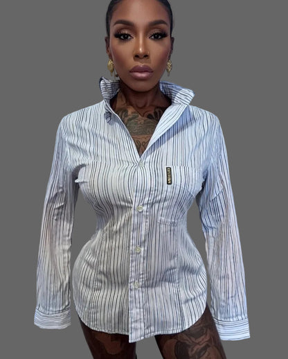 Armani Women’s 100% Cotton Off White Pin Stripe Shirt Size M Slim Fit