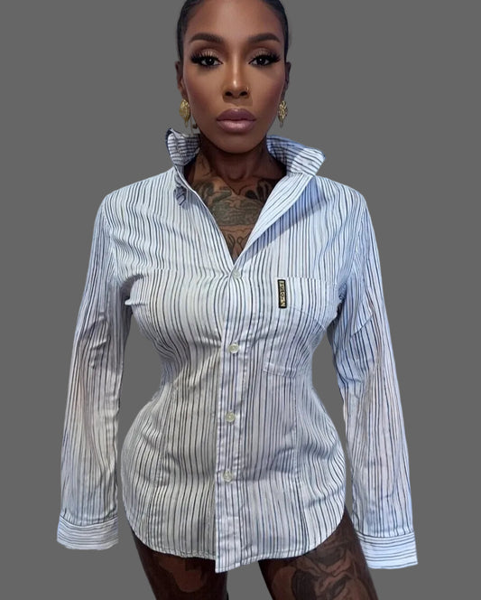 Armani Women’s 100% Cotton Off White Pin Stripe Shirt Size M Slim Fit
