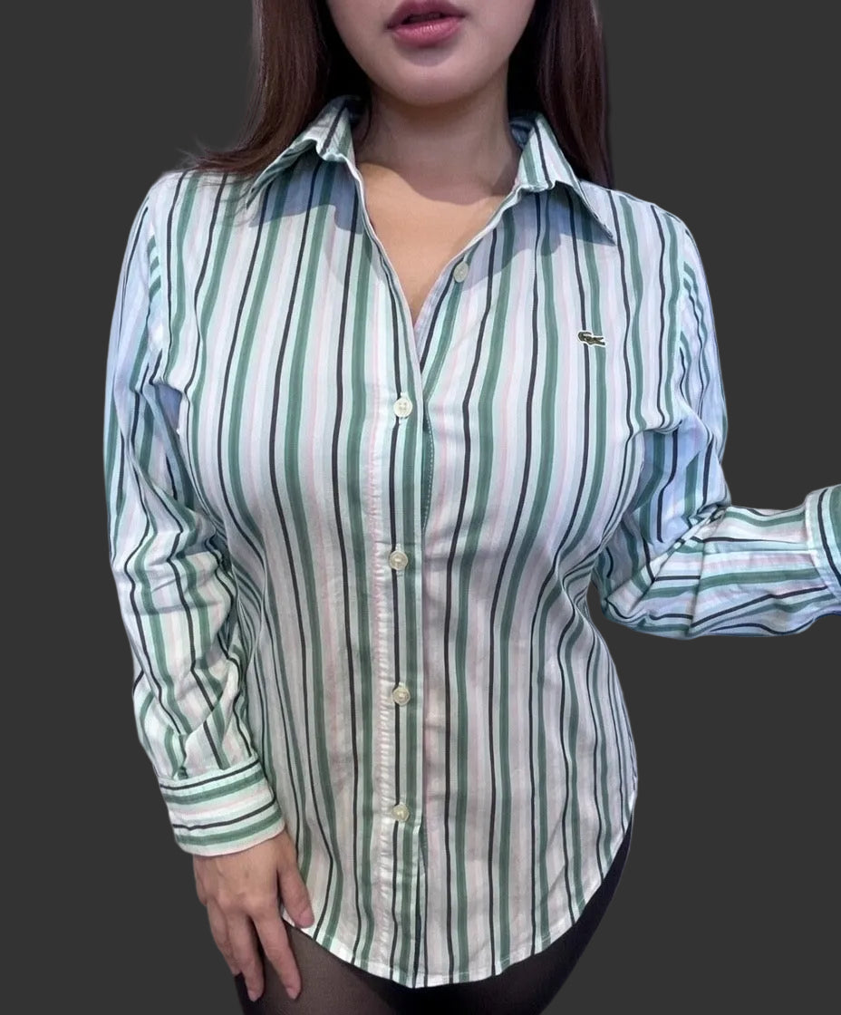Lacoste 100% Cotton Women’s Pink Green Stripe Shirt Size 40 Small
