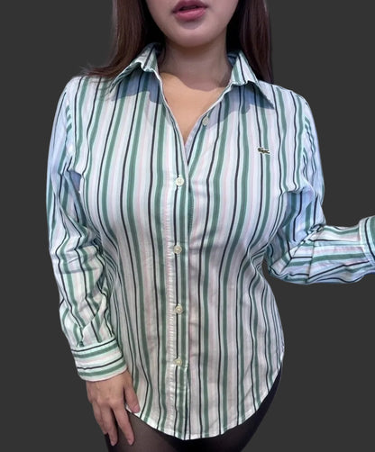 Lacoste 100% Cotton Women’s Pink Green Stripe Shirt Size 40 Small