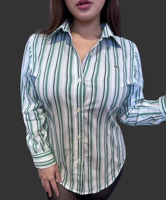 Lacoste 100% Cotton Women’s Pink Green Stripe Shirt Size 40 Small
