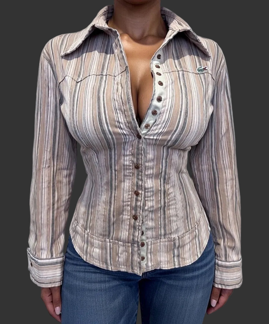 Lacoste 100% Cotton Women’s Brown Stripe Shirt Size Small