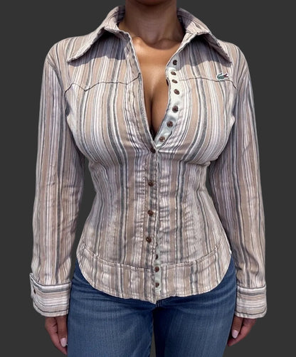 Lacoste 100% Cotton Women’s Brown Stripe Shirt Size Small