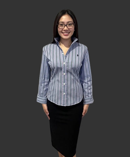 Ralph Lauren Women’s 100% Cotton Blue White Stripe Shirt Slim Fit Size M 12