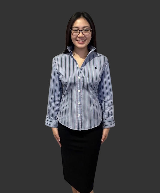 Ralph Lauren Women’s 100% Cotton Blue White Stripe Shirt Slim Fit Size M 12