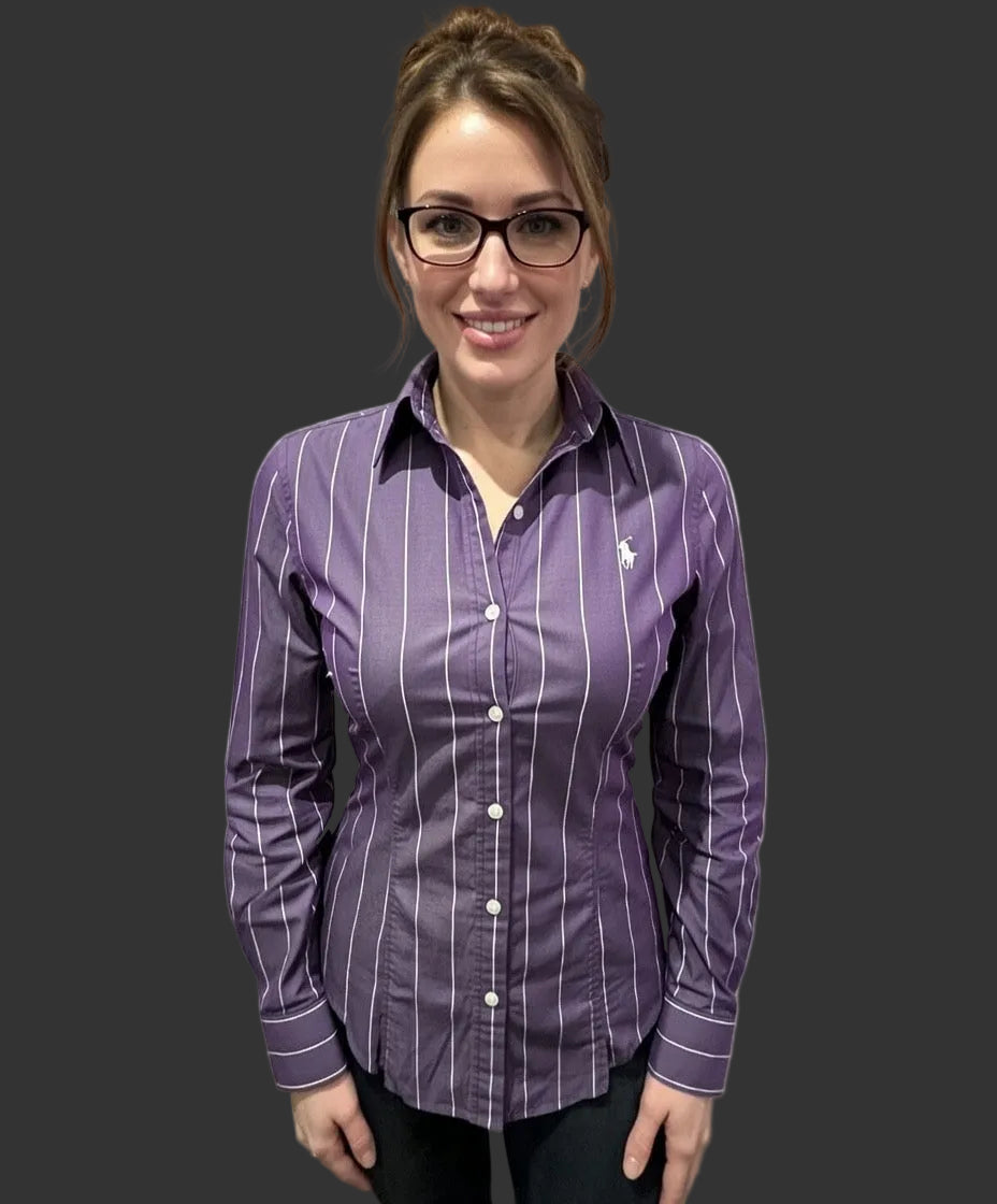 Ralph Lauren Golf Women’s 100% Cotton Purple White Stripe Shirt Size 8