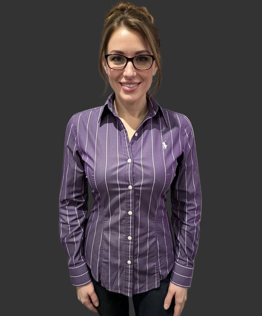 Ralph Lauren Golf Women’s 100% Cotton Purple White Stripe Shirt Size 8