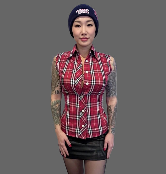 Burberry 100% Cotton Women’s Sleeveless Red Check Shirt Size Small