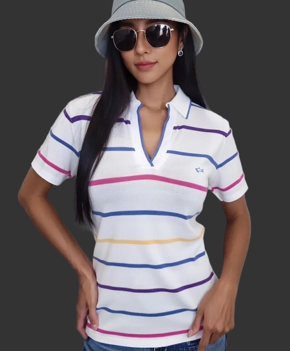 Paul & Shark Women’s 100% Cotton White Striped Polo Shirt Size L Made In Italy