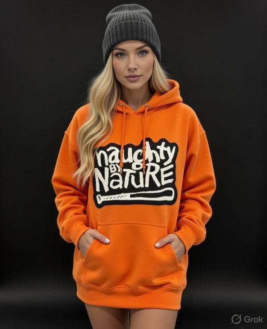 Naughty By Nature Fleece Orange  Front Pocket Draw String Hoodie