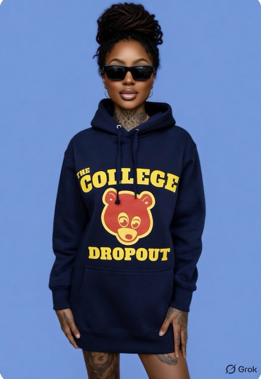 Kanye West 100% Fleece Navy Hoodie “The College Drop Out” Chest & Back Logo Print