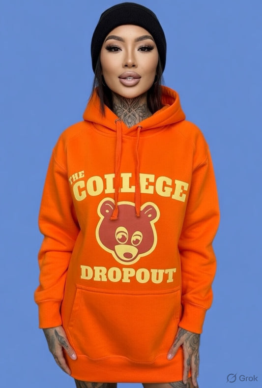 Kanye West 100% Fleece Orange Hoodie “The College Drop Out” Chest & Back Logo Print