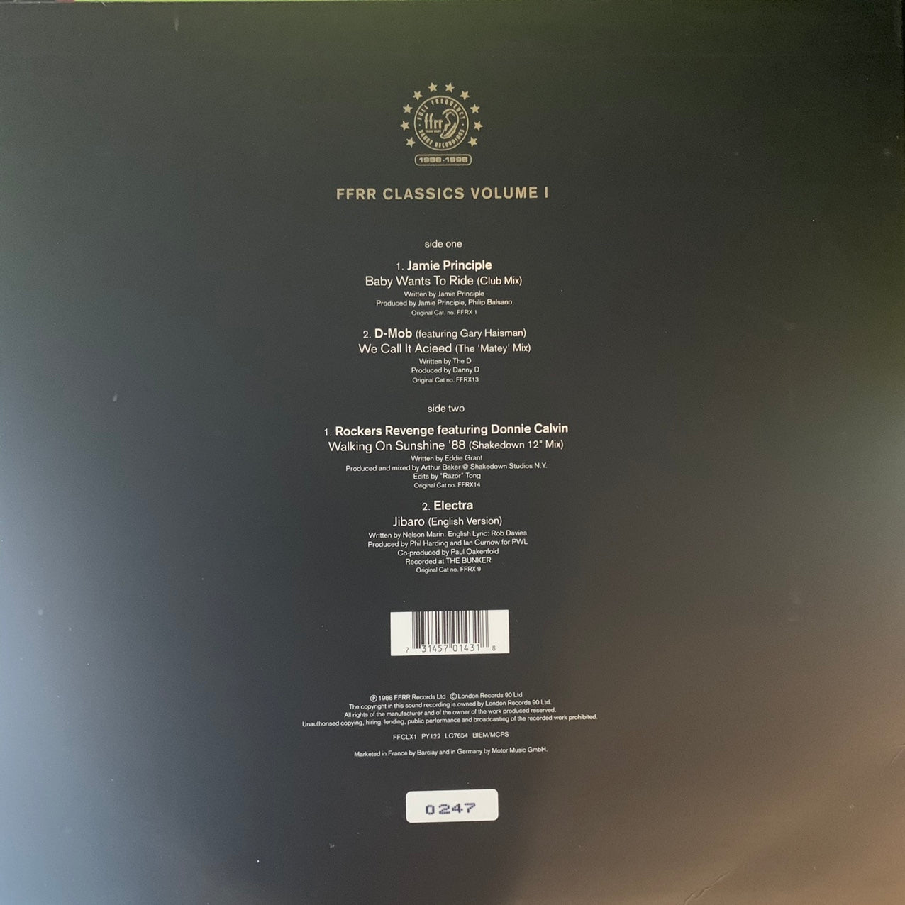 FFRR Classics Vol 1 Feat Jamie Principle, D-Mob, Rockers Revenge and Electra 4 Track 12inch Vinyl