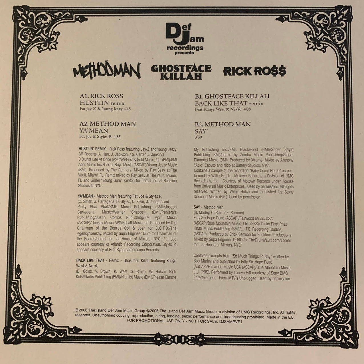 Def Jam Recordings Presents Ghostface Killah, Rick Ross and The Method Man 4 Track 12inch Vinyl