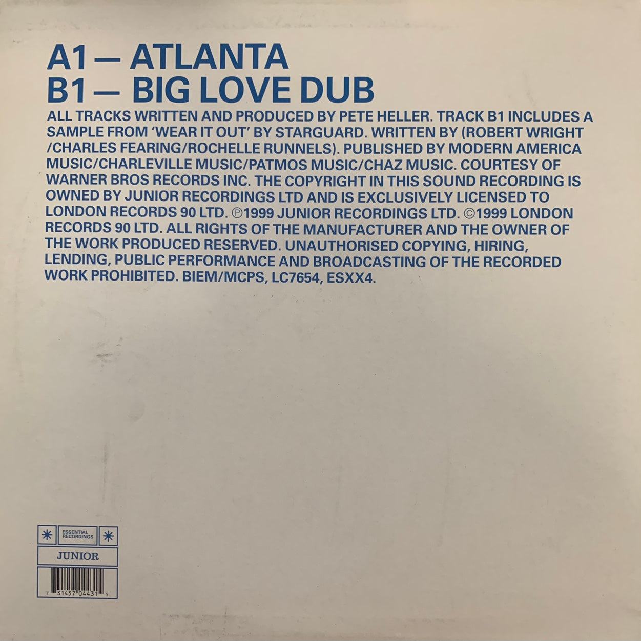 Peter Heller “Atlanta” / “Big Love Dub” 2 Track 12inch Vinyl