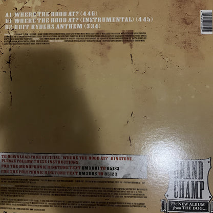 DMX "Where The Hood At" / "Ruff Ryders Anthem"  12 Inch Vinyl