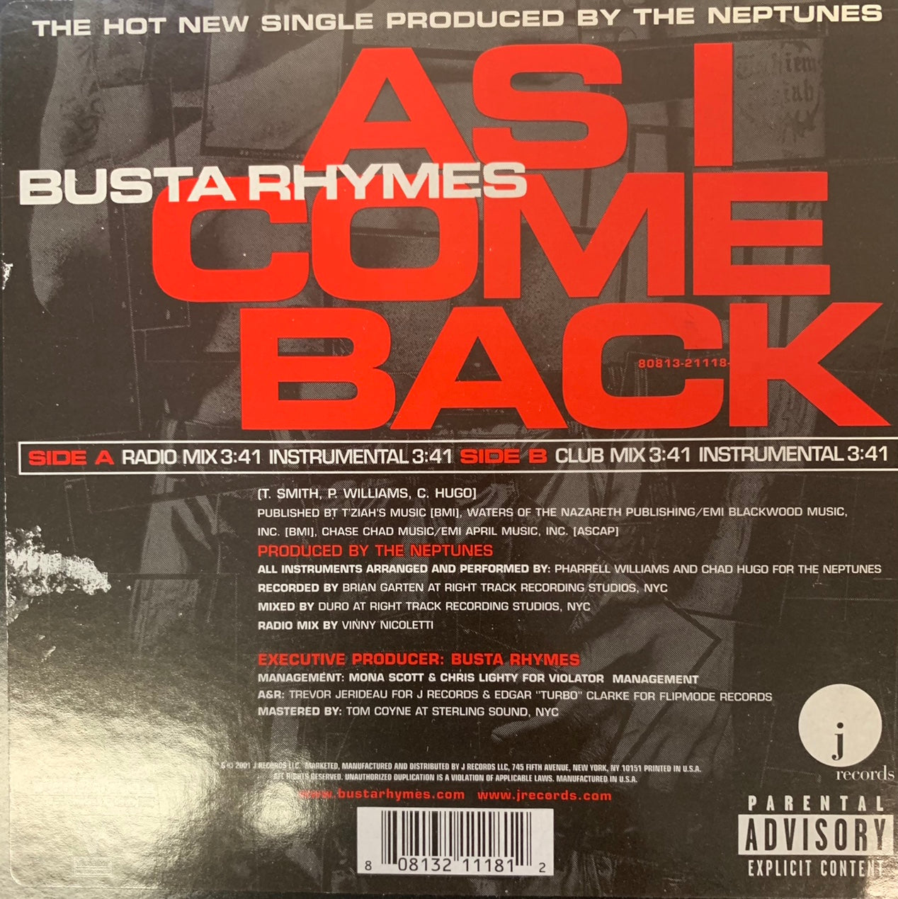 Busta Rhymes “As I Come Back” 4 Track 12inch Vinyl.