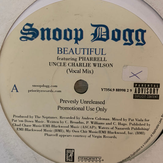 Snoop Dogg Feat Pharrell “Beautiful” 3 Track 12inch Vinyl