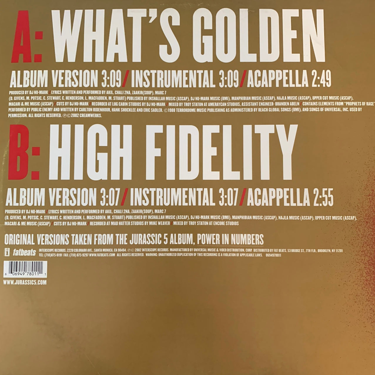 Jurassic 5 “Whats Golden” / “High Fidelity” 6 Track 12inch Vinyl