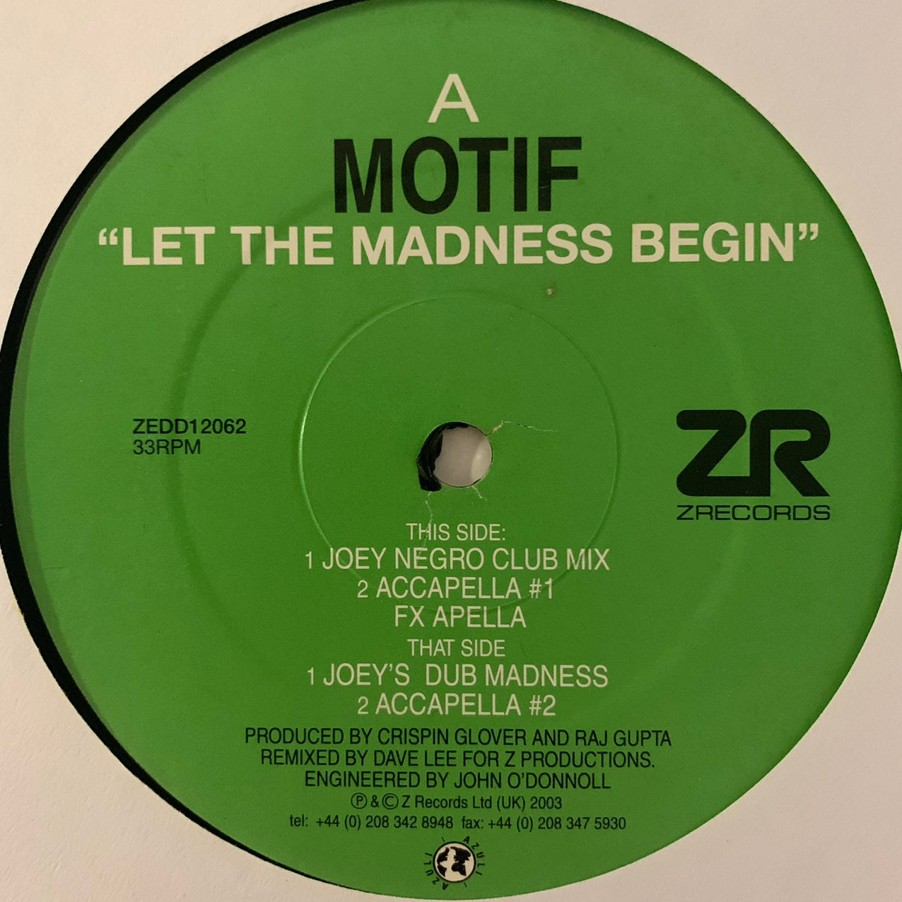 Crispin Glover & Raj Gupta Present Motif “Let The Madness Begin” 4 Track 12inch Vinyl