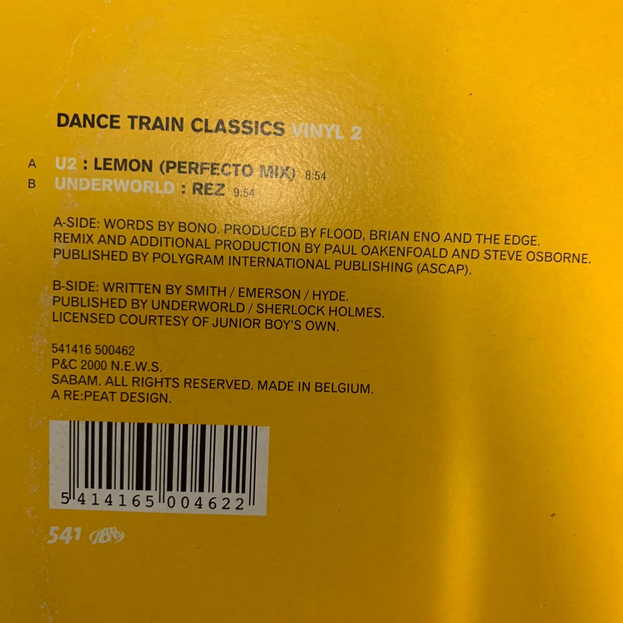 Dance Train Classics Vol 2 U2 “Lemon” / Underworld “Rez” 2 Track 12inch Vinyl