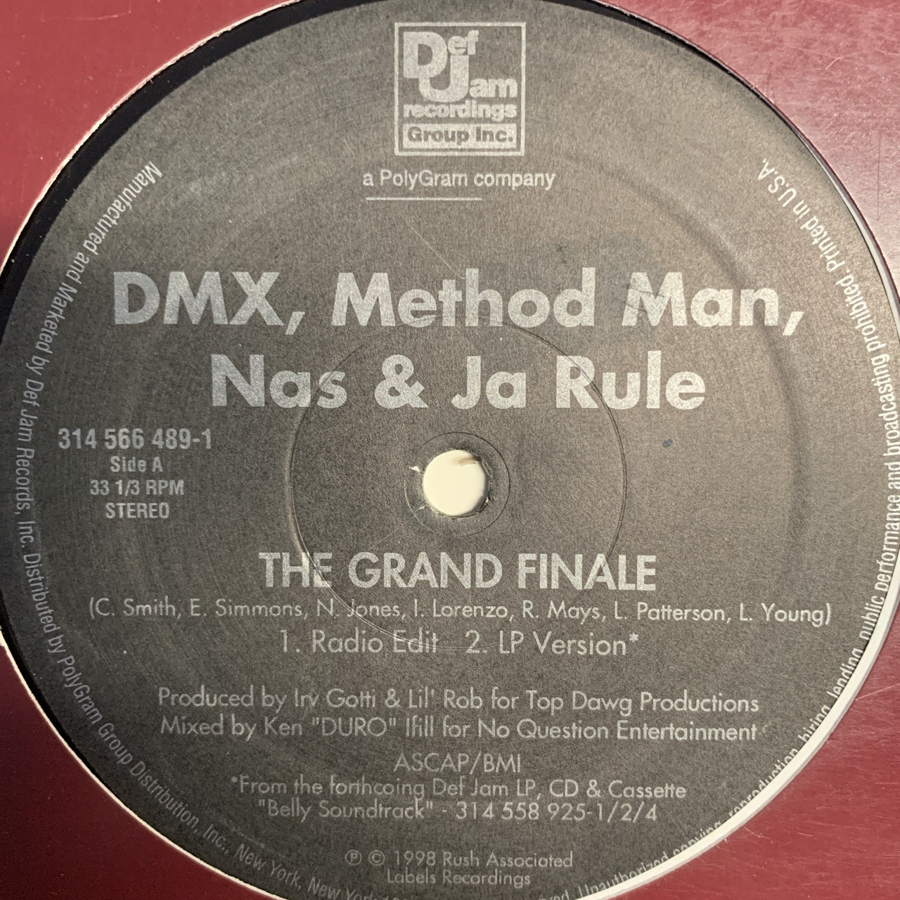 DMX, Method Man, NAS & Ja Rule “The Grand Finale” From the Movie “Belly” 3 Track 12inch Vinyl