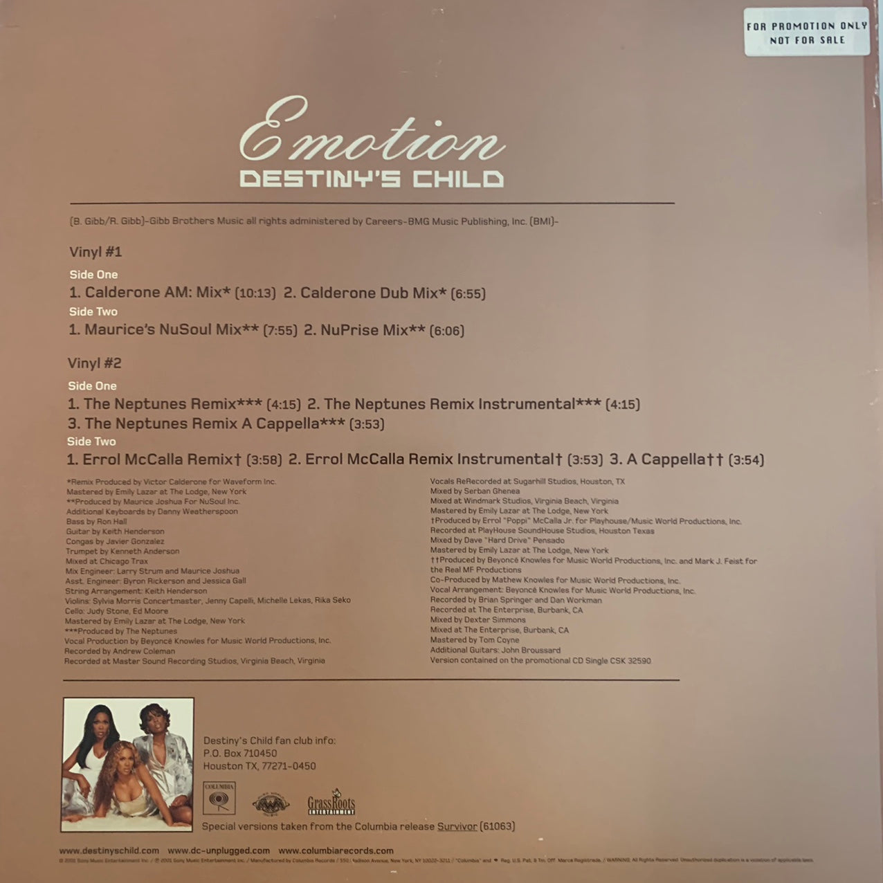 Destiny’s Child “Emotion” 2 X 12inch Double Pack Vinyl, Featuring mixes from The Neptune’s