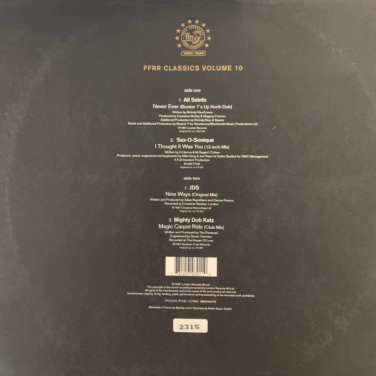FFRR Classics Volume 10 4 Track 12inch Vinyl Single Feat All Saints, Sex-O-Sonique, Mighty Dub Katz and JDS