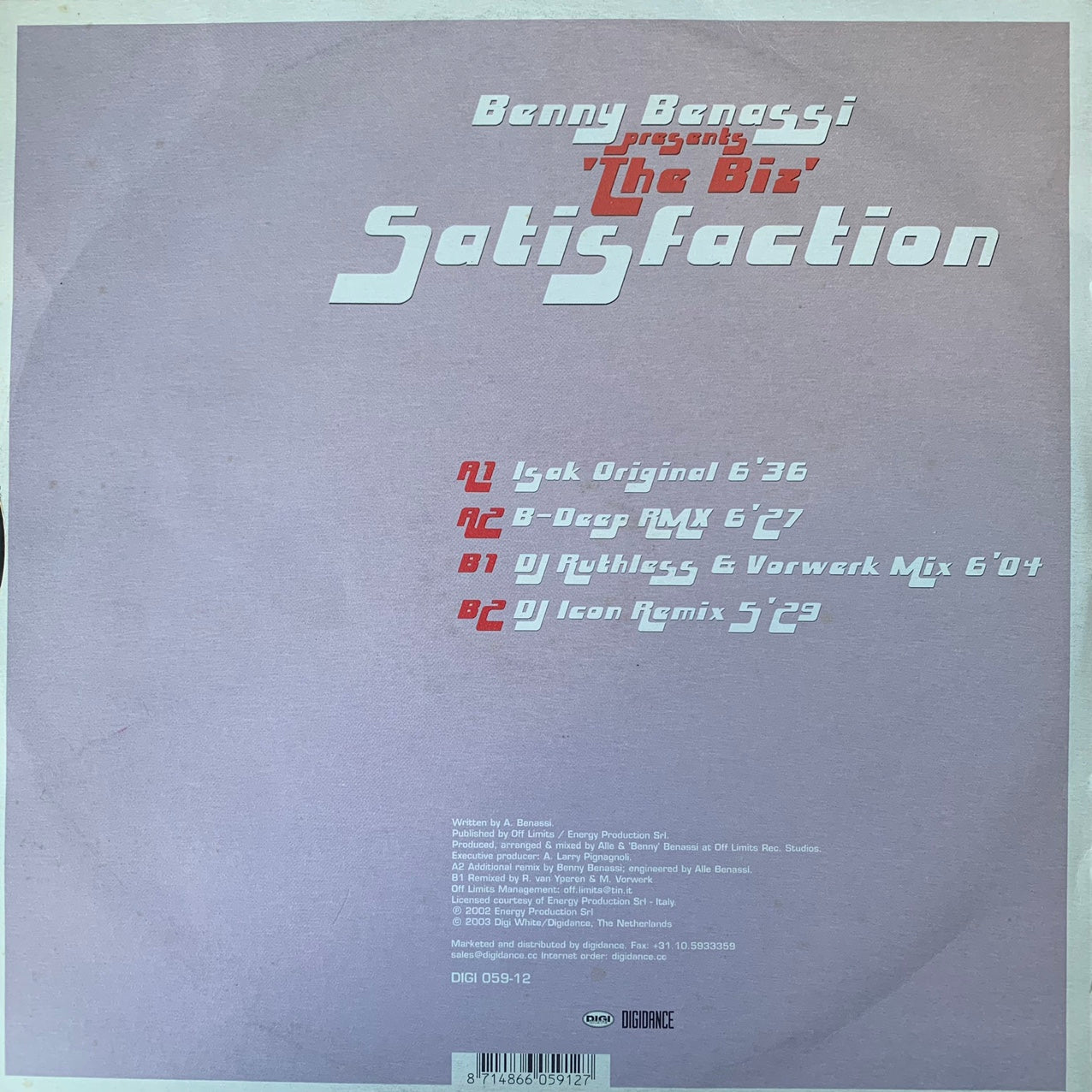 Benny Benassi Presents ‘The Biz’ “Satisfaction” 4 Version 12inch Vinyl