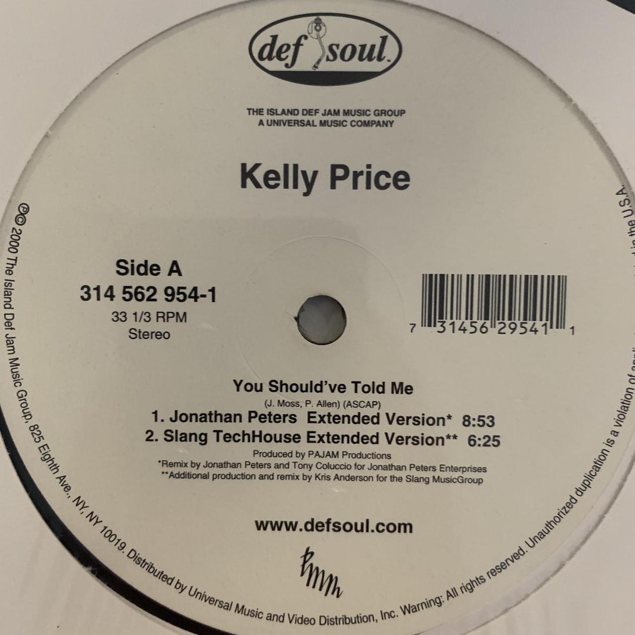 Kelly Price “You Should’ve Told Me” 4 Version 12inch Vinyl, Featuring Jonathan Peter's Extended Version, Slang TechHouse Extended Version and Instrumentals